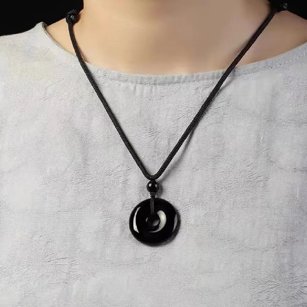 Natural Black Obsidian Pendant Necklace – Taoist Protection Amulet Feng Shui Lucky Jewelry Gift Set