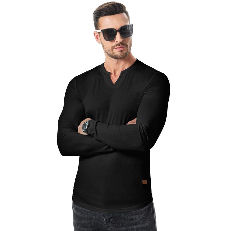 Men's Plain Casual Muscle Shirts for Men Slim Fitted T Shirt V-Neck Longline Ribbed Tees Shirts Long Sleeve Gym Workout Athletic Menswear Tops,Men's clothing for Daily Wear,Fashion Outfits 2025