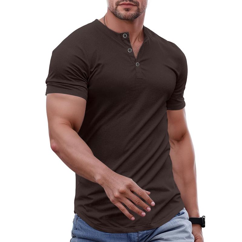 Men's Plain Muscle Slim Fitted Henley Shirts Crewneck Longline T-Shirt Gym Workout Athletic Shirt Tees with Button Menswear Casual Tops,Men's Classic Streetwear Clothing for Daily Wear,Fall Fashion Outfits 2025