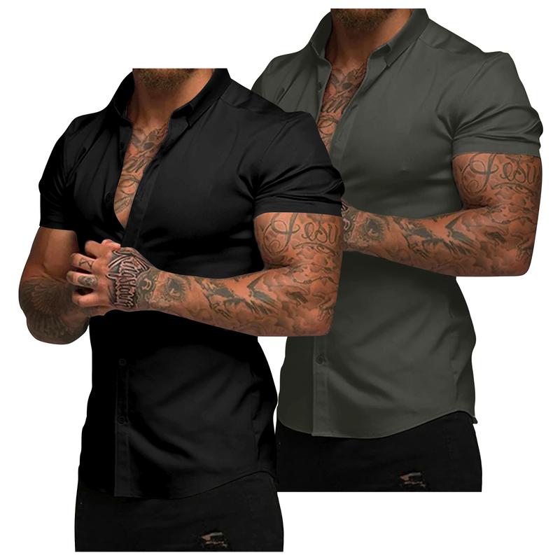 Mens Muscle Fit Dress Shirts Casual Button Down Shirt Short Sleeve Wrinkle-Free Shirts 