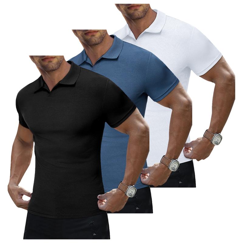 Men's Muscle V Neck Polo Shirts Casual Short Sleeve Slim Fit Ribbed Golf T Shirt Athletic Tee 