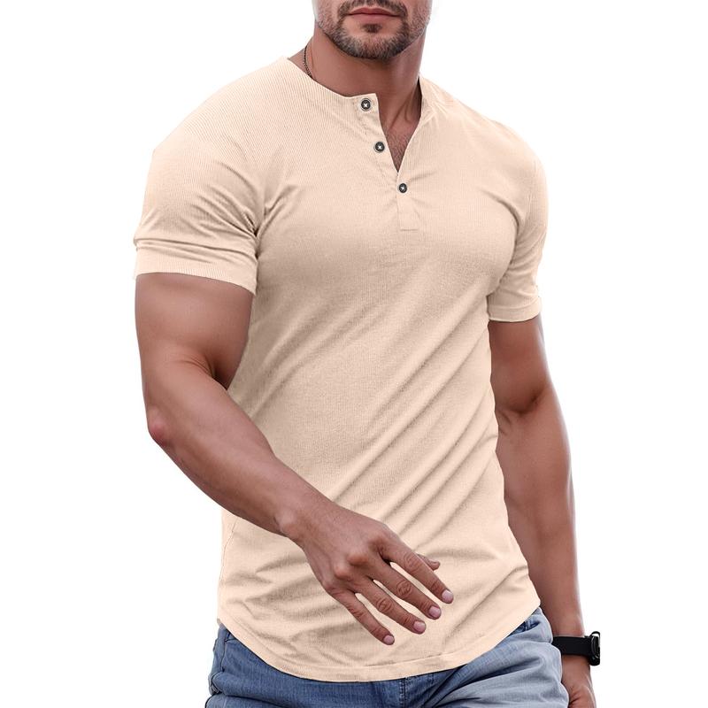 Men's Plain Muscle Slim Fitted Henley Shirts Crewneck Longline T-Shirt Gym Workout Athletic Shirt Tees with Button Menswear Casual Tops,Men's Classic Streetwear Clothing for Daily Wear,Fall Fashion Outfits 2025