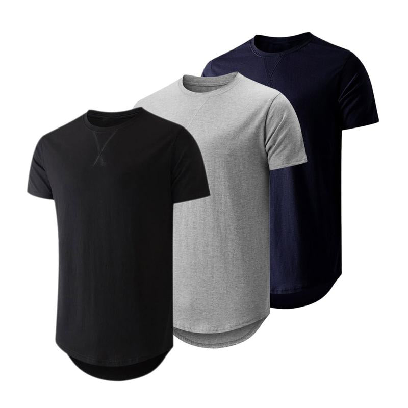 Mens 3 Pack Cotton Hipster Hip Hop Longline Crewneck T-Shirt,Menswear Casual Tshirt Tops,TikTokShopfalldealsforyou