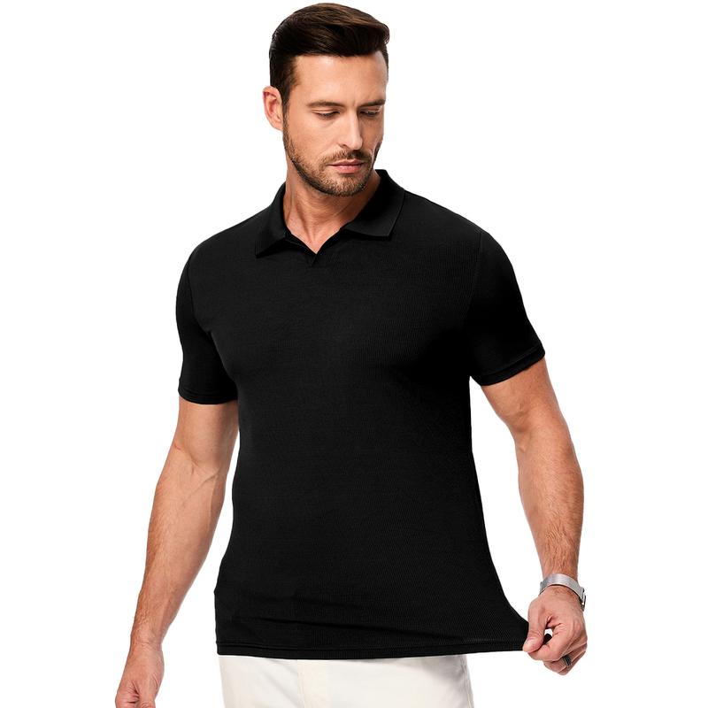 Men's Muscle V Neck Polo Shirts Casual Short Sleeve Slim Fit Ribbed Golf T Shirt Athletic Tee 
