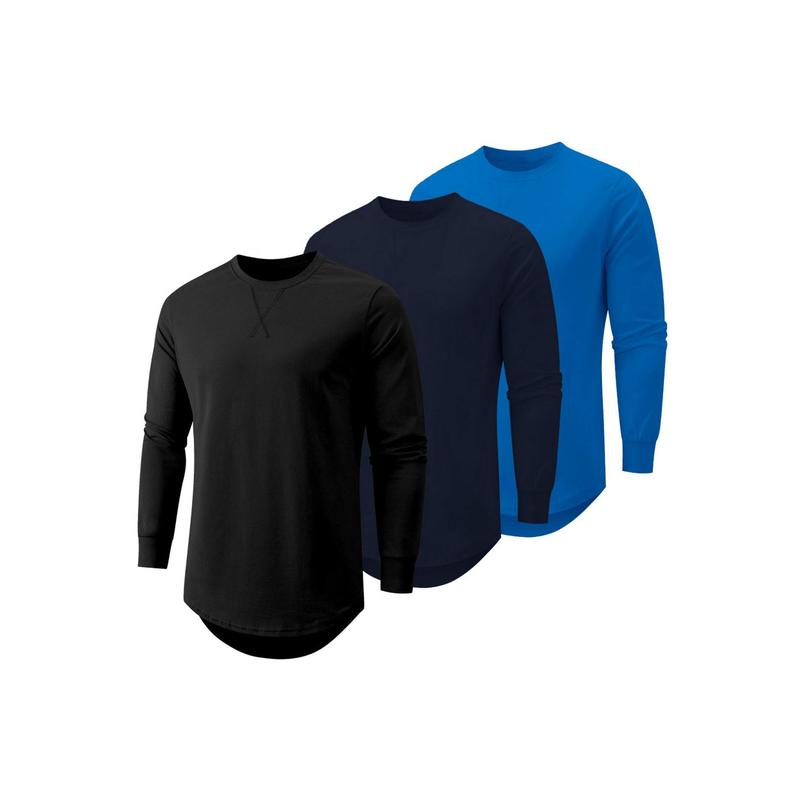 Mens 3 Pack Cotton Hipster Hip Hop Longline Crewneck Sport T-Shirt, Menswear Casual Top for Outdoor Daily Wear