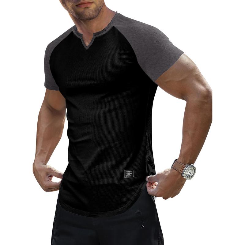 Mens Muscle Slim T Shirt V-Neck Longline Henley Shirt Gym Workout Athletic Tee Shirts, men gifts 