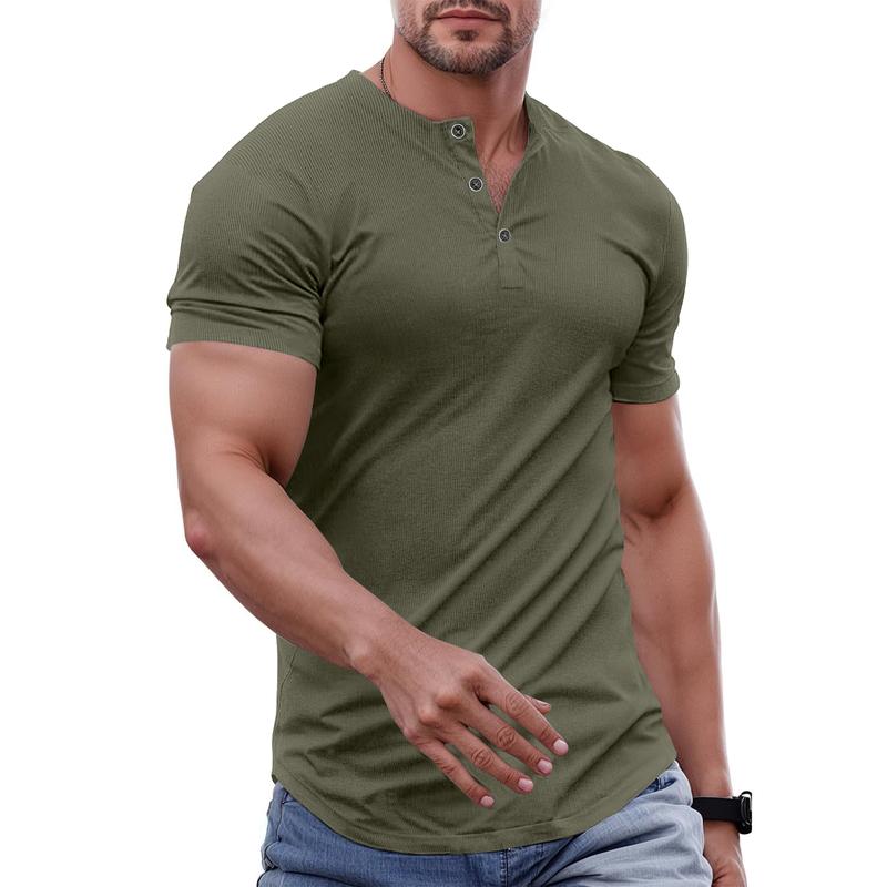 Men's Plain Muscle Slim Fitted Henley Shirts Crewneck Longline T-Shirt Gym Workout Athletic Shirt Tees with Button Menswear Casual Tops,Men's Classic Streetwear Clothing for Daily Wear,Fall Fashion Outfits 2025