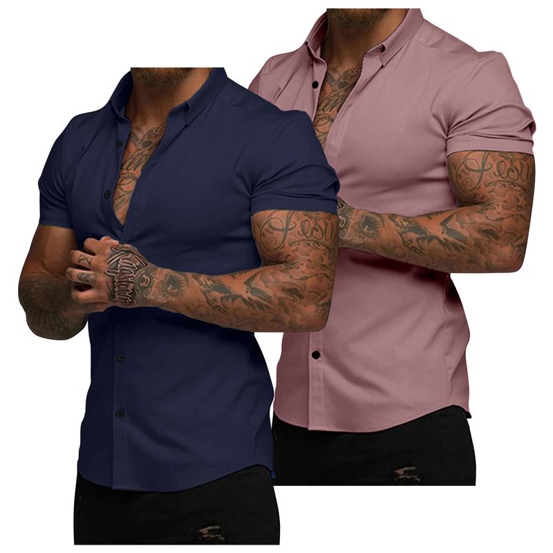 Mens Muscle Fit Dress Shirts Casual Button Down Shirt Short Sleeve Wrinkle-Free Shirts 