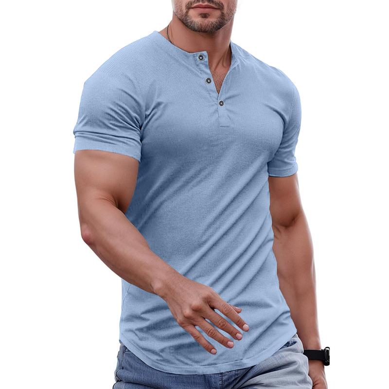 Men's Plain Muscle Slim Fitted Henley Shirts Crewneck Longline T-Shirt Gym Workout Athletic Shirt Tees with Button Menswear Casual Tops,Men's Classic Streetwear Clothing for Daily Wear,Fall Fashion Outfits 2025