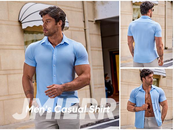 Mens Muscle Fit Dress Shirts Casual Button Down Shirt Short Sleeve Wrinkle-Free Shirts 