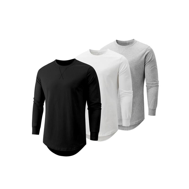Mens 3 Pack Cotton Hipster Hip Hop Longline Crewneck Sport T-Shirt, Menswear Casual Top for Outdoor Daily Wear