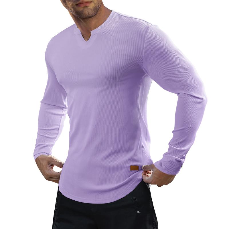 Men's Plain Casual Muscle Shirts for Men Slim Fitted T Shirt V-Neck Longline Ribbed Tees Shirts Long Sleeve Gym Workout Athletic Menswear Tops,Men's clothing for Daily Wear,Fashion Outfits 2025