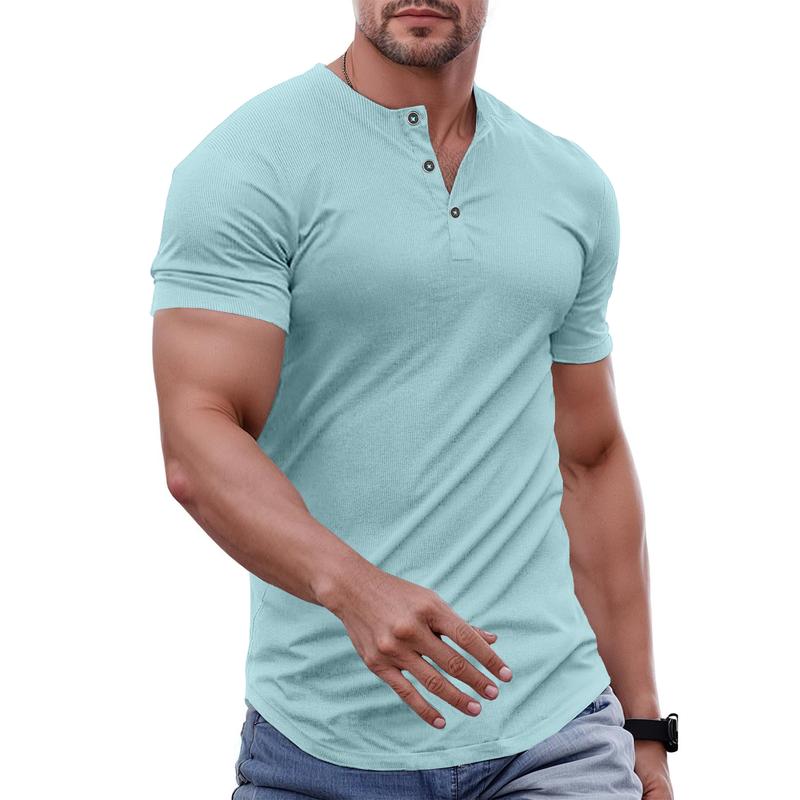 Men's Plain Muscle Slim Fitted Henley Shirts Crewneck Longline T-Shirt Gym Workout Athletic Shirt Tees with Button Menswear Casual Tops,Men's Classic Streetwear Clothing for Daily Wear,Fall Fashion Outfits 2025