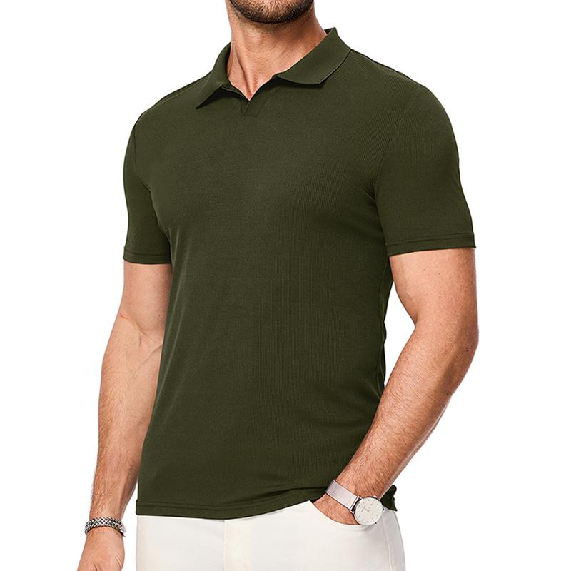 Men's Muscle V Neck Polo Shirts Casual Short Sleeve Slim Fit Ribbed Golf T Shirt Athletic Tee 