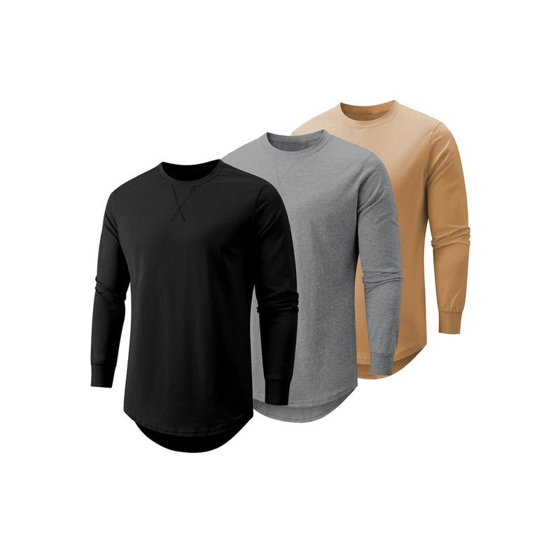 Mens 3 Pack Cotton Hipster Hip Hop Longline Crewneck Sport T-Shirt, Menswear Casual Top for Outdoor Daily Wear