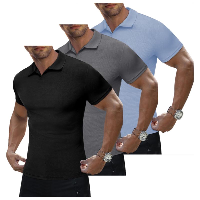 Men's Muscle V Neck Polo Shirts Casual Short Sleeve Slim Fit Ribbed Golf T Shirt Athletic Tee 