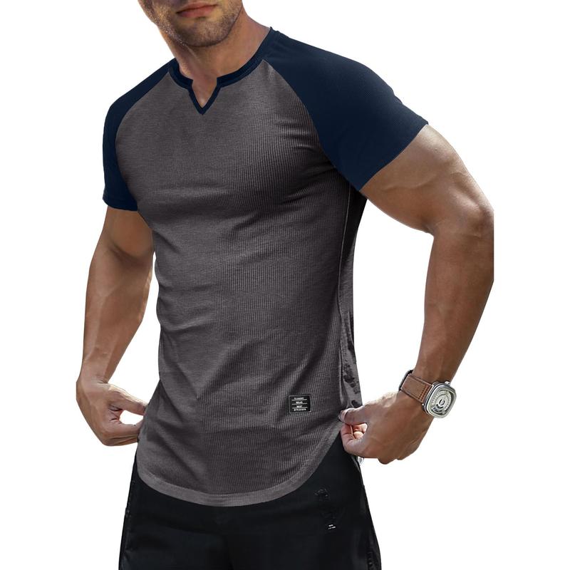 Mens Muscle Slim T Shirt V-Neck Longline Henley Shirt Gym Workout Athletic Tee Shirts, men gifts 