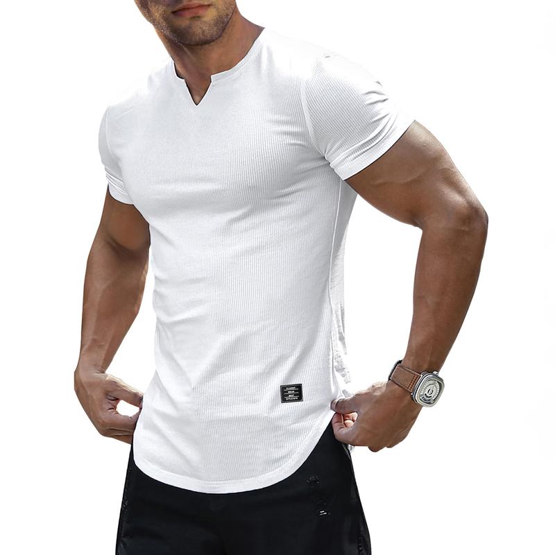 Men's Plain Muscle Slim Fitted T Shirt Polyester V-Neck Longline Shirt Gym Workout Athletic Tee Shirts Menswear Casual Tops,Short Sleeve T-Shirt for Daily Outdoor Wear,Men's Streetwear Outfits