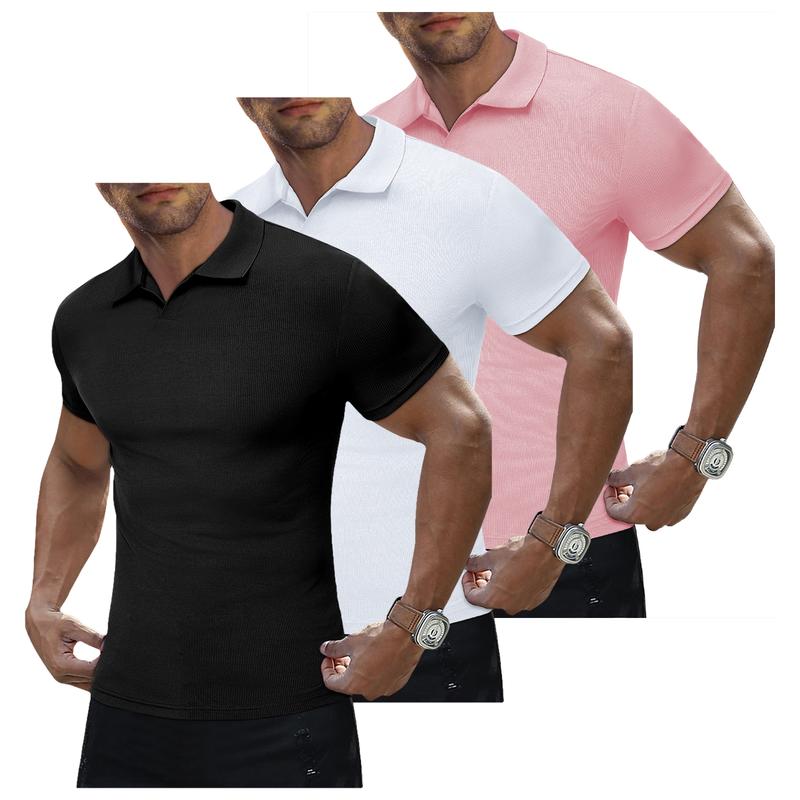Men's Muscle V Neck Polo Shirts Casual Short Sleeve Slim Fit Ribbed Golf T Shirt Athletic Tee 