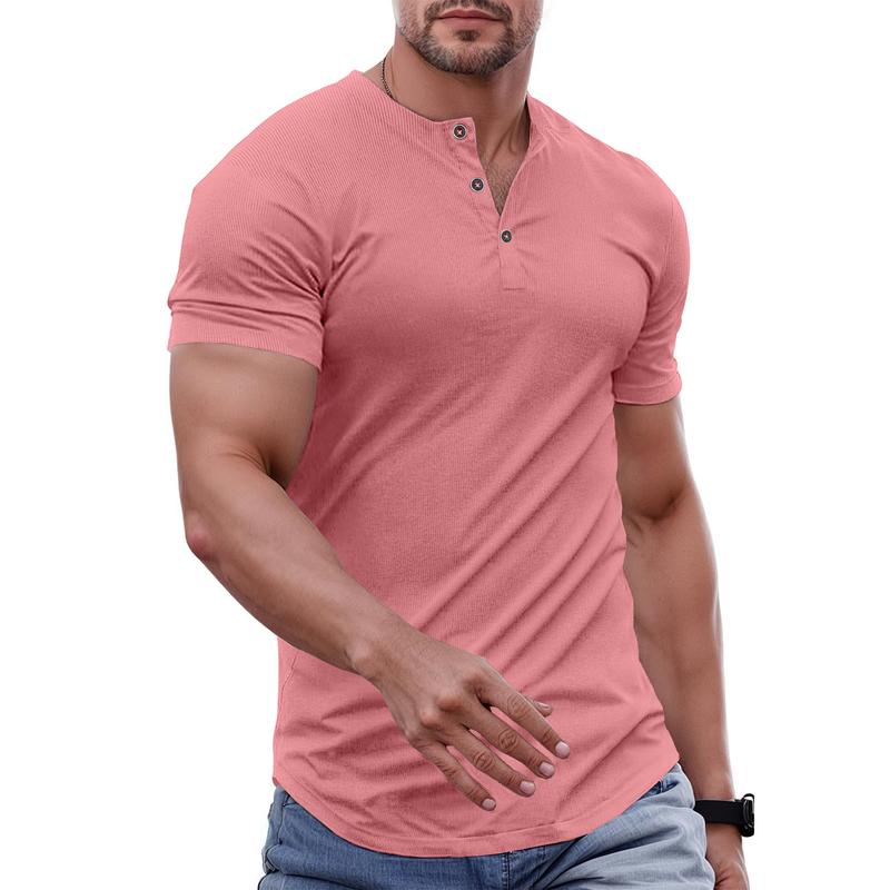 Men's Plain Muscle Slim Fitted Henley Shirts Crewneck Longline T-Shirt Gym Workout Athletic Shirt Tees with Button Menswear Casual Tops,Men's Classic Streetwear Clothing for Daily Wear,Fall Fashion Outfits 2025