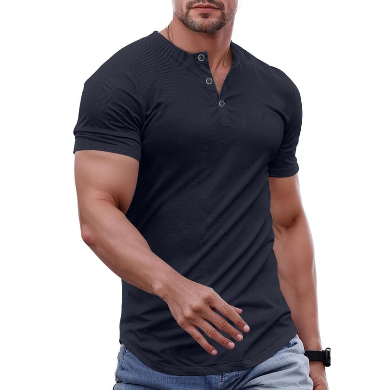 Men's Plain Muscle Slim Fitted Henley Shirts Crewneck Longline T-Shirt Gym Workout Athletic Shirt Tees with Button Menswear Casual Tops,Men's Classic Streetwear Clothing for Daily Wear,Fall Fashion Outfits 2025