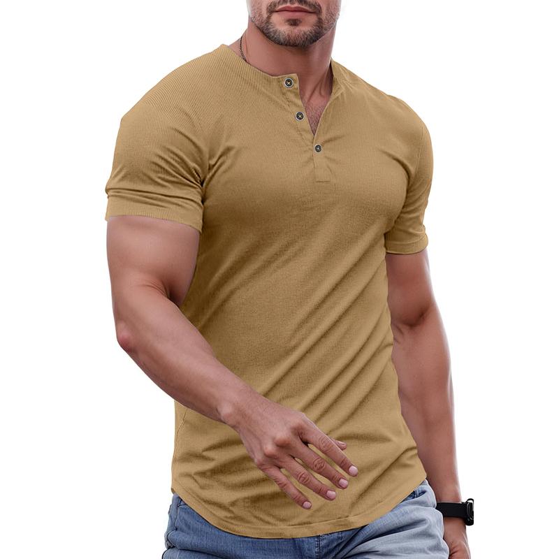 Men's Plain Muscle Slim Fitted Henley Shirts Crewneck Longline T-Shirt Gym Workout Athletic Shirt Tees with Button Menswear Casual Tops,Men's Classic Streetwear Clothing for Daily Wear,Fall Fashion Outfits 2025