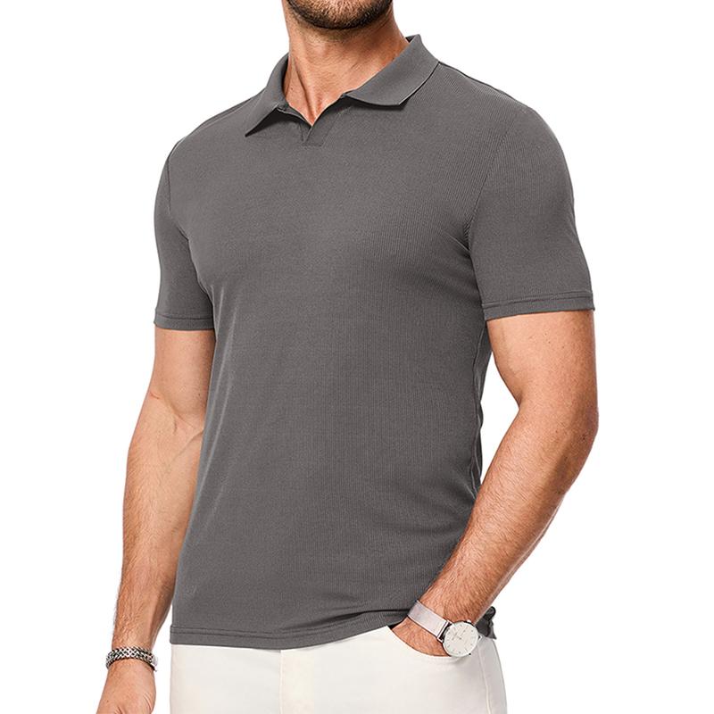 Men's Muscle V Neck Polo Shirts Casual Short Sleeve Slim Fit Ribbed Golf T Shirt Athletic Tee 