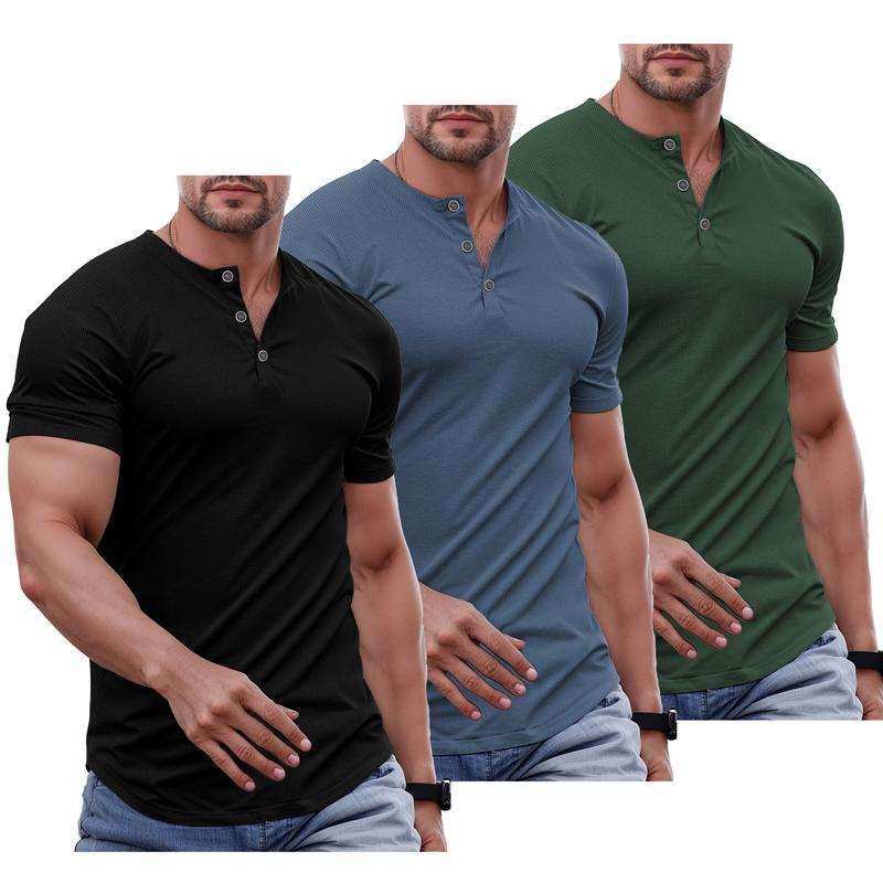 Men's Plain Muscle Slim Fitted Henley Shirts Crewneck Longline T-Shirt Gym Workout Athletic Shirt Tees with Button Menswear Casual Tops,Men's Classic Streetwear Clothing for Daily Wear,Fall Fashion Outfits 2025