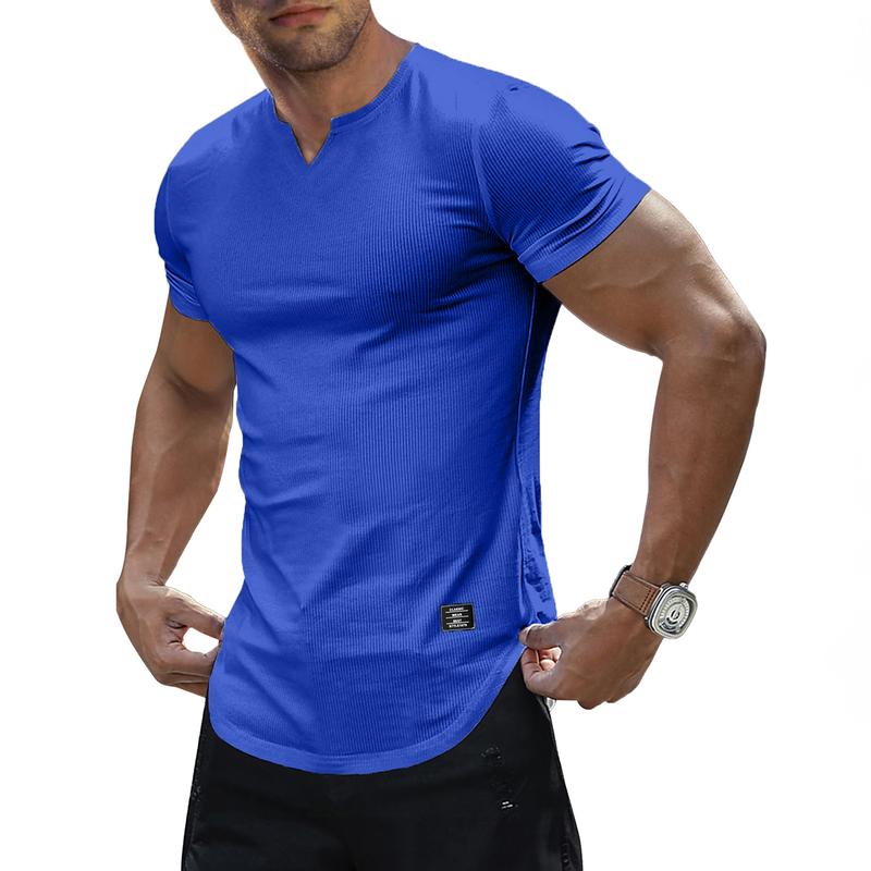 Men's Plain Muscle Slim Fitted T Shirt Polyester V-Neck Longline Shirt Gym Workout Athletic Tee Shirts Menswear Casual Tops,Short Sleeve T-Shirt for Daily Outdoor Wear,Men's Streetwear Outfits