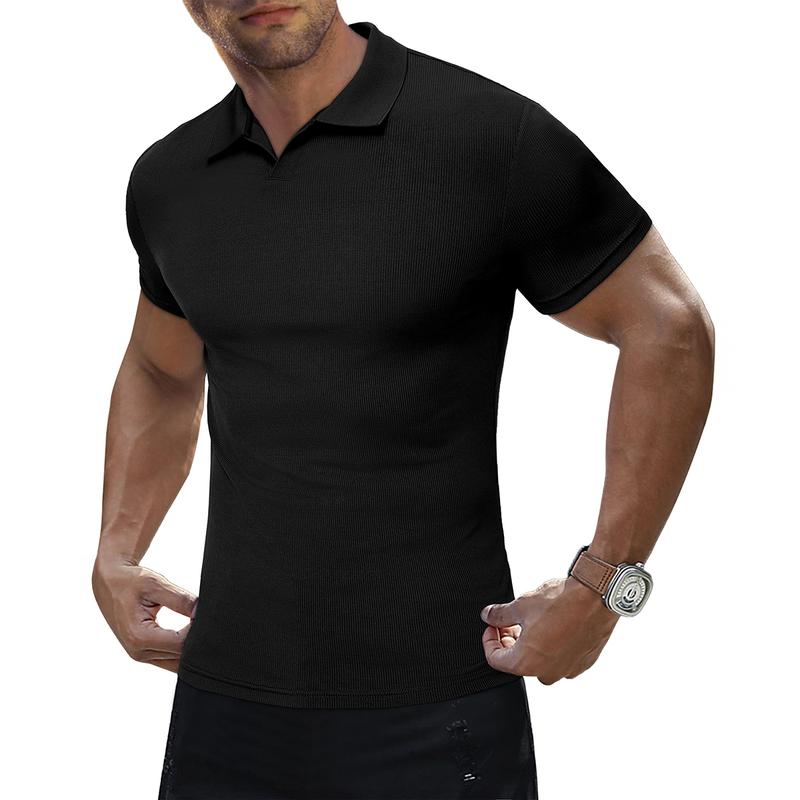 Men's Muscle V Neck Polo Shirts Casual Short Sleeve Slim Fit Ribbed Golf T Shirt Athletic Tee 