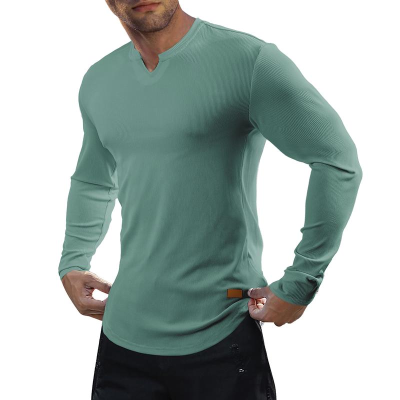 Men's Plain Casual Muscle Shirts for Men Slim Fitted T Shirt V-Neck Longline Ribbed Tees Shirts Long Sleeve Gym Workout Athletic Menswear Tops,Men's clothing for Daily Wear,Fashion Outfits 2025