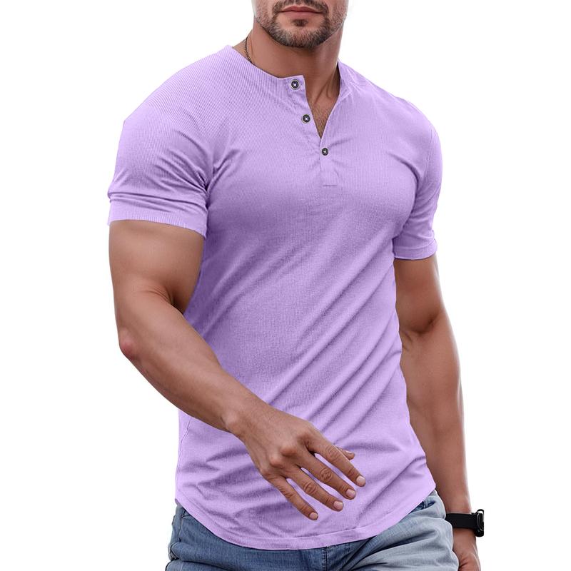 Men's Plain Muscle Slim Fitted Henley Shirts Crewneck Longline T-Shirt Gym Workout Athletic Shirt Tees with Button Menswear Casual Tops,Men's Classic Streetwear Clothing for Daily Wear,Fall Fashion Outfits 2025