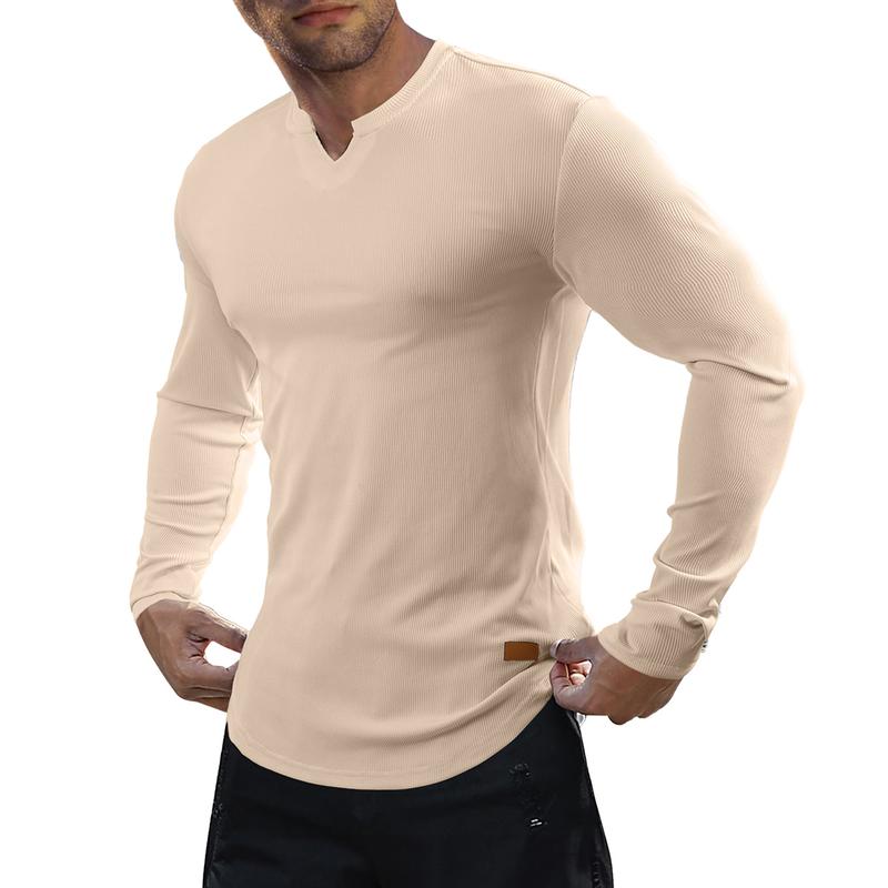 Men's Plain Casual Muscle Shirts for Men Slim Fitted T Shirt V-Neck Longline Ribbed Tees Shirts Long Sleeve Gym Workout Athletic Menswear Tops,Men's clothing for Daily Wear,Fashion Outfits 2025