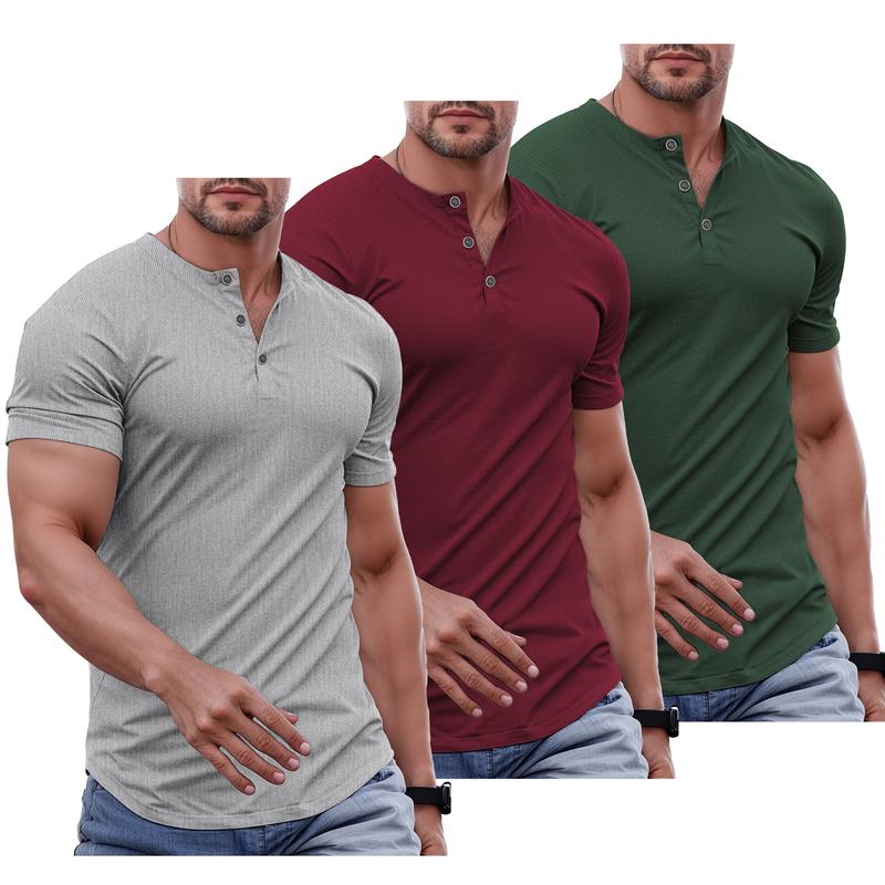 Men's Plain Muscle Slim Fitted Henley Shirts Crewneck Longline T-Shirt Gym Workout Athletic Shirt Tees with Button Menswear Casual Tops,Men's Classic Streetwear Clothing for Daily Wear,Fall Fashion Outfits 2025