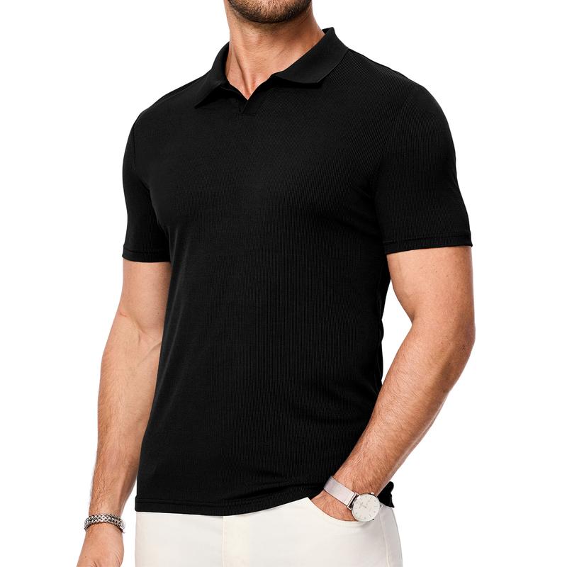 Men's Muscle V Neck Polo Shirts Casual Short Sleeve Slim Fit Ribbed Golf T Shirt Athletic Tee 