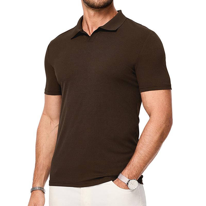 Men's Muscle V Neck Polo Shirts Casual Short Sleeve Slim Fit Ribbed Golf T Shirt Athletic Tee 