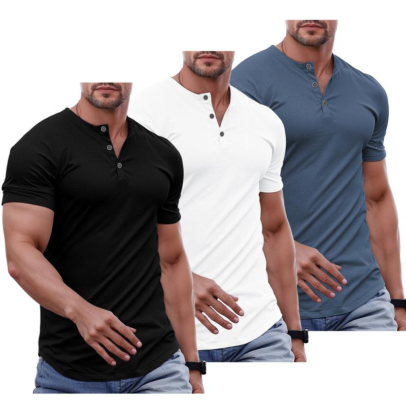 Men's Plain Muscle Slim Fitted Henley Shirts Crewneck Longline T-Shirt Gym Workout Athletic Shirt Tees with Button Menswear Casual Tops,Men's Classic Streetwear Clothing for Daily Wear,Fall Fashion Outfits 2025