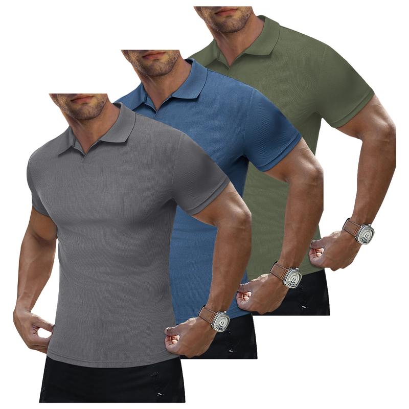 Men's Muscle V Neck Polo Shirts Casual Short Sleeve Slim Fit Ribbed Golf T Shirt Athletic Tee 
