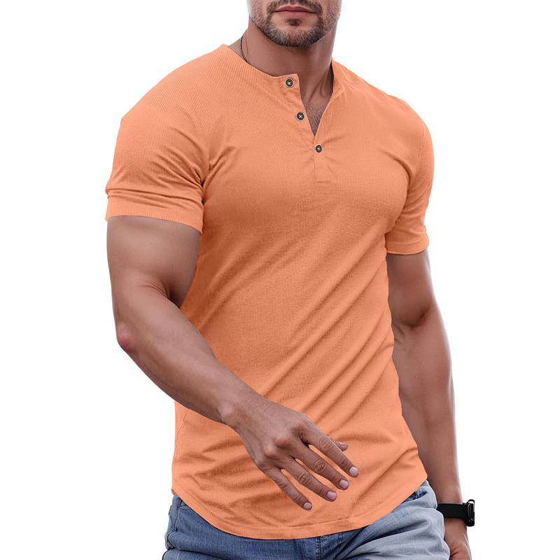 Men's Plain Muscle Slim Fitted Henley Shirts Crewneck Longline T-Shirt Gym Workout Athletic Shirt Tees with Button Menswear Casual Tops,Men's Classic Streetwear Clothing for Daily Wear,Fall Fashion Outfits 2025