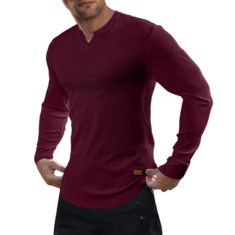 Men's Plain Casual Muscle Shirts for Men Slim Fitted T Shirt V-Neck Longline Ribbed Tees Shirts Long Sleeve Gym Workout Athletic Menswear Tops,Men's clothing for Daily Wear,Fashion Outfits 2025