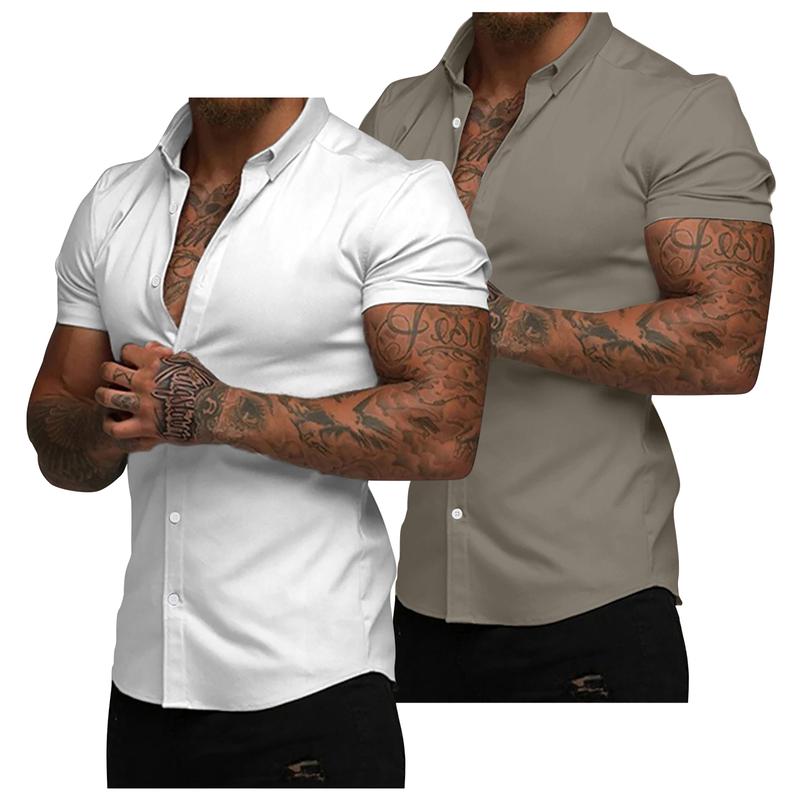 Mens Muscle Fit Dress Shirts Casual Button Down Shirt Short Sleeve Wrinkle-Free Shirts 