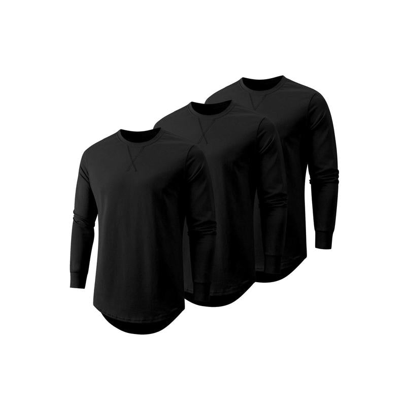 Mens 3 Pack Cotton Hipster Hip Hop Longline Crewneck Sport T-Shirt, Menswear Casual Top for Outdoor Daily Wear
