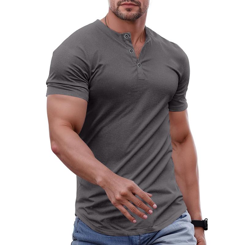 Men's Plain Muscle Slim Fitted Henley Shirts Crewneck Longline T-Shirt Gym Workout Athletic Shirt Tees with Button Menswear Casual Tops,Men's Classic Streetwear Clothing for Daily Wear,Fall Fashion Outfits 2025