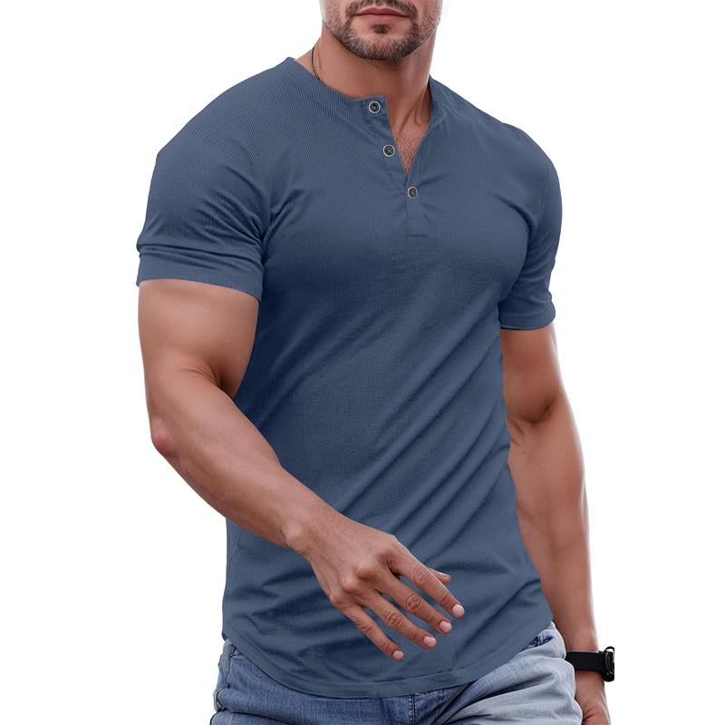 Men's Plain Muscle Slim Fitted Henley Shirts Crewneck Longline T-Shirt Gym Workout Athletic Shirt Tees with Button Menswear Casual Tops,Men's Classic Streetwear Clothing for Daily Wear,Fall Fashion Outfits 2025