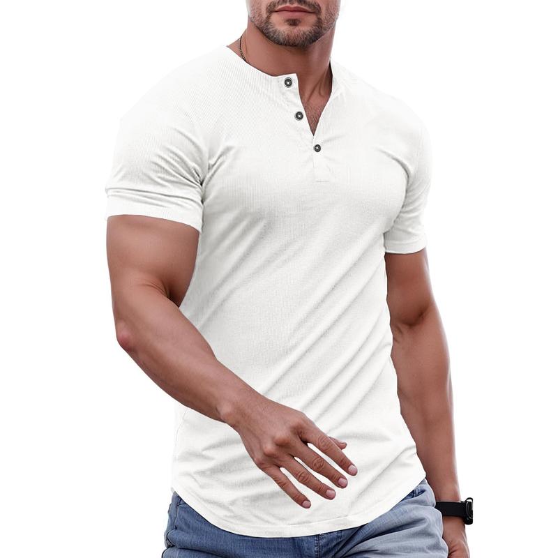 Men's Plain Muscle Slim Fitted Henley Shirts Crewneck Longline T-Shirt Gym Workout Athletic Shirt Tees with Button Menswear Casual Tops,Men's Classic Streetwear Clothing for Daily Wear,Fall Fashion Outfits 2025