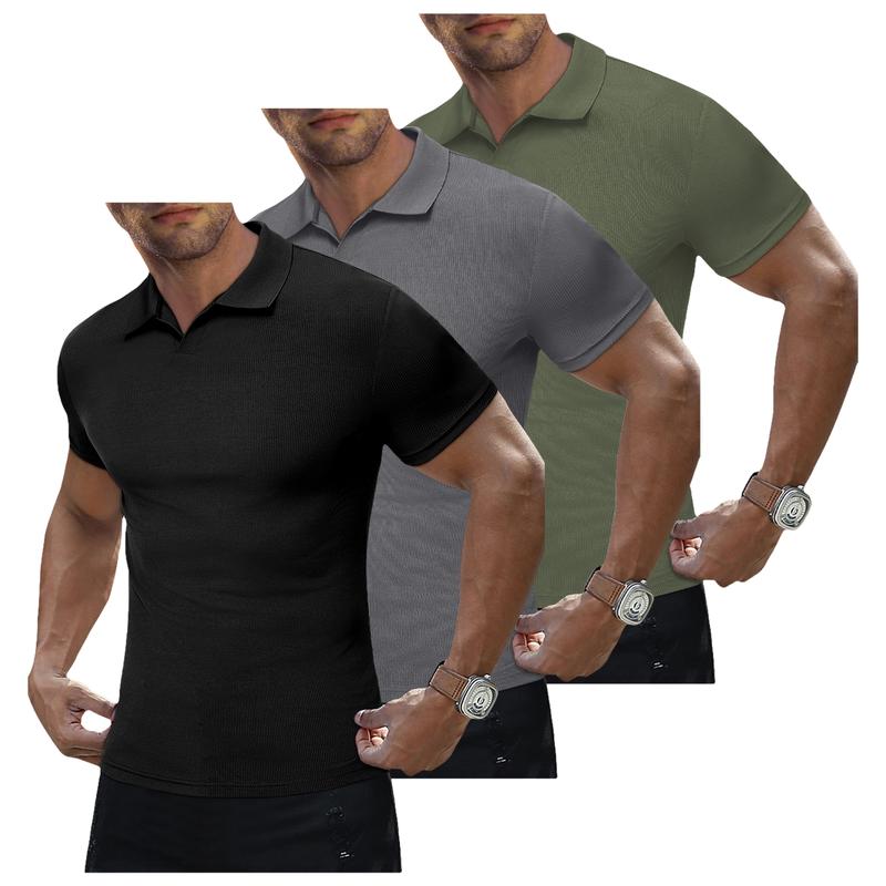 Men's Muscle V Neck Polo Shirts Casual Short Sleeve Slim Fit Ribbed Golf T Shirt Athletic Tee 