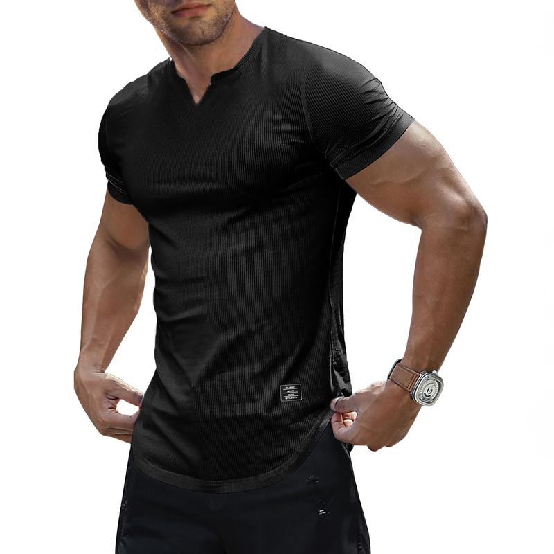 Men's Plain Muscle Slim Fitted T Shirt Polyester V-Neck Longline Shirt Gym Workout Athletic Tee Shirts Menswear Casual Tops,Short Sleeve T-Shirt for Daily Outdoor Wear,Men's Streetwear Outfits