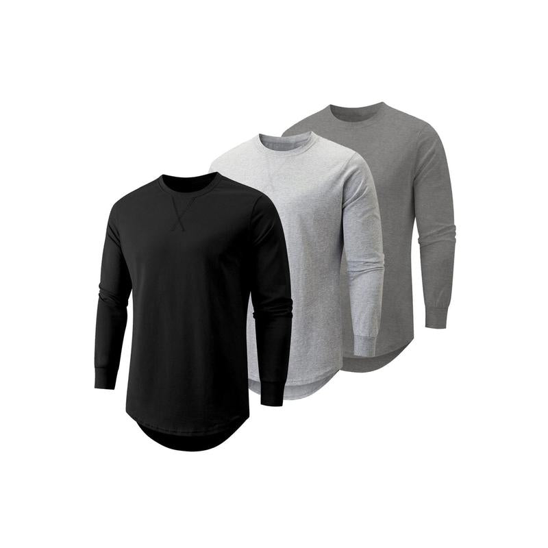 Mens 3 Pack Cotton Hipster Hip Hop Longline Crewneck Sport T-Shirt, Menswear Casual Top for Outdoor Daily Wear
