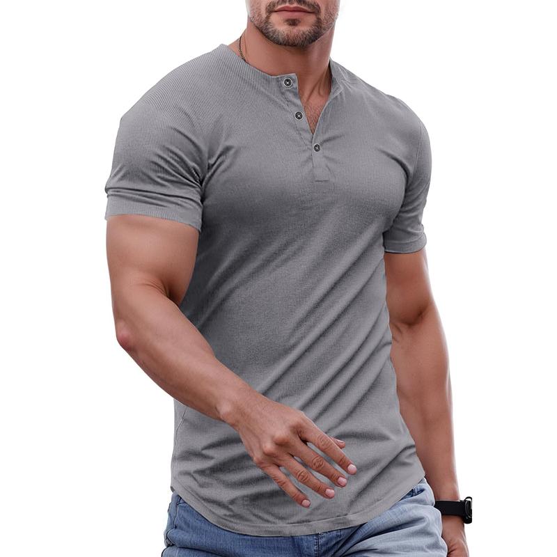 Men's Plain Muscle Slim Fitted Henley Shirts Crewneck Longline T-Shirt Gym Workout Athletic Shirt Tees with Button Menswear Casual Tops,Men's Classic Streetwear Clothing for Daily Wear,Fall Fashion Outfits 2025