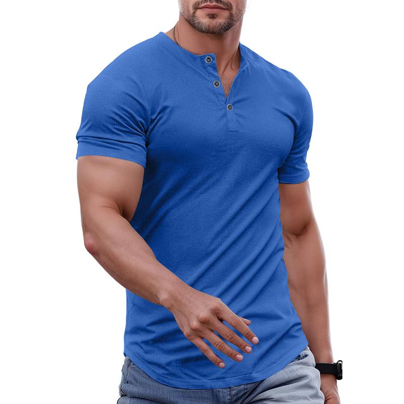 Men's Plain Muscle Slim Fitted Henley Shirts Crewneck Longline T-Shirt Gym Workout Athletic Shirt Tees with Button Menswear Casual Tops,Men's Classic Streetwear Clothing for Daily Wear,Fall Fashion Outfits 2025
